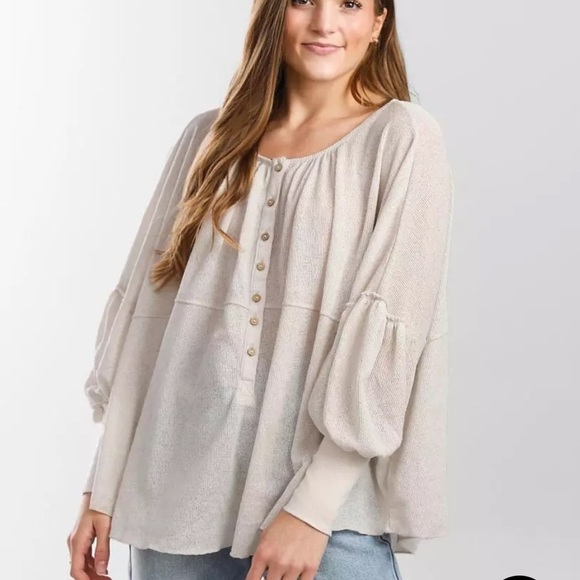 Free People Olive Green Quarter Button-Up Peasant Sleeve Women's Top - Picture 16 of 16